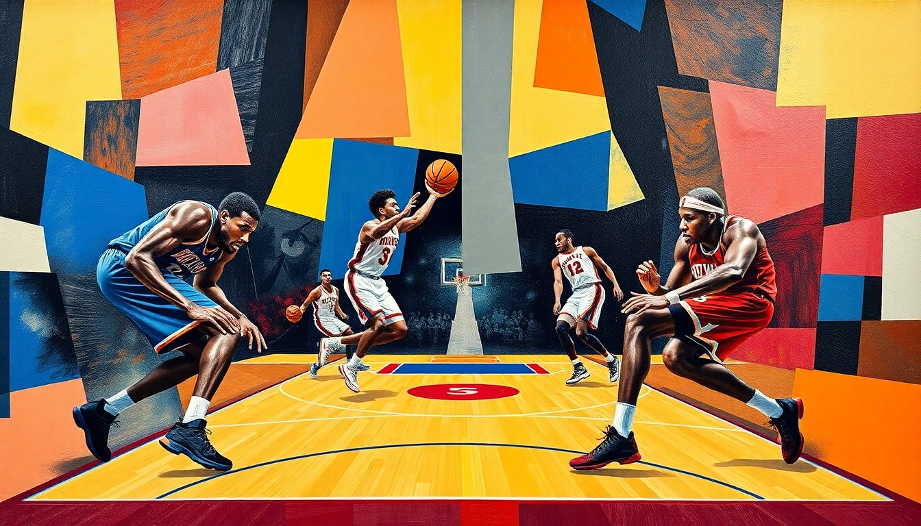 A cubist, geometric painting depicting a basketball game in progress, with the players' forms abstracted into angular shapes and the ball and court lines cutting across the composition in a fractured, multi-perspective style.