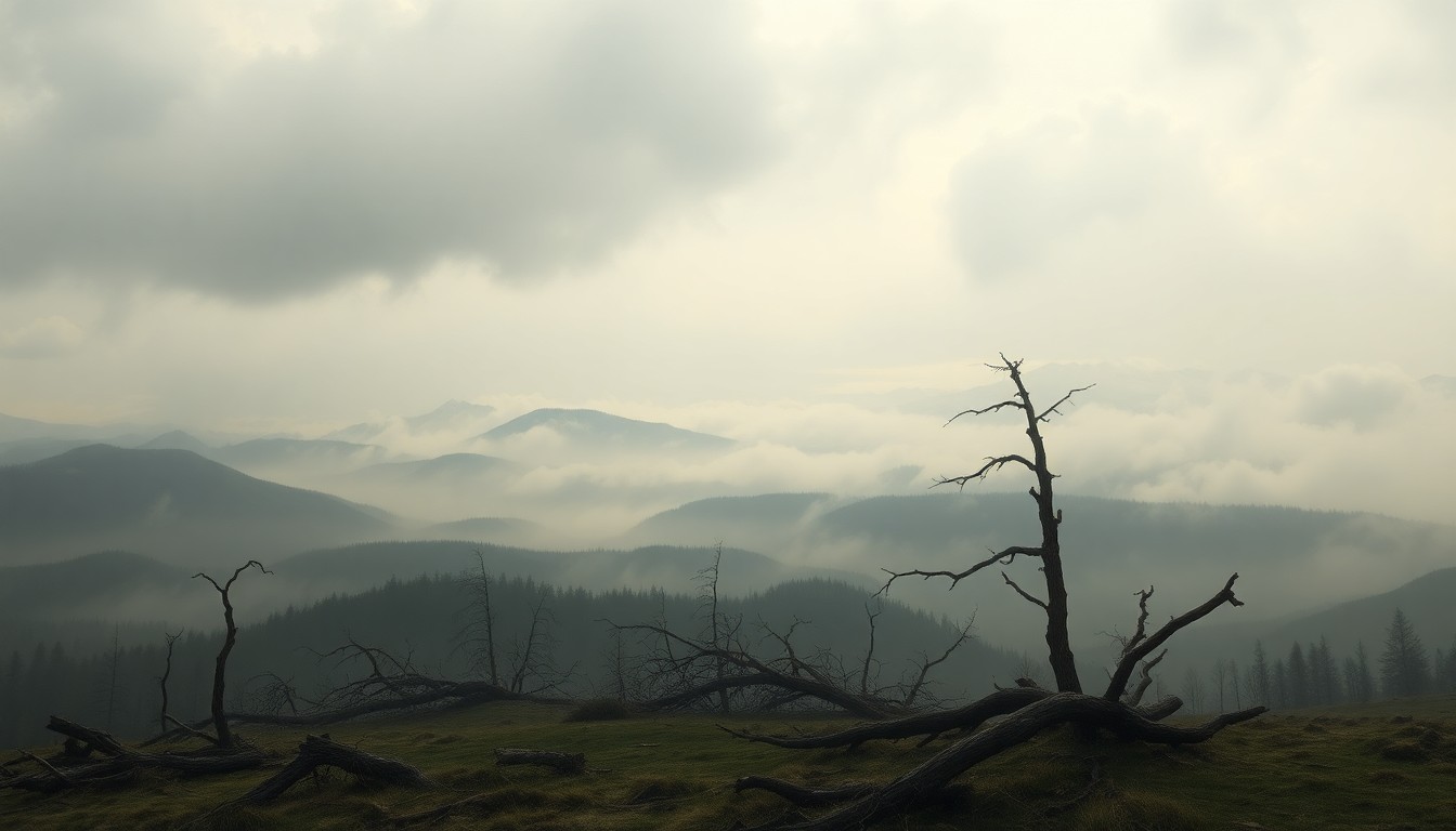 A vast, atmospheric landscape painting in muted tones of grey and blue, with fallen tree branches and trunks emerging from a heavy fog in the foreground, conveying the aftermath of a powerful windstorm.