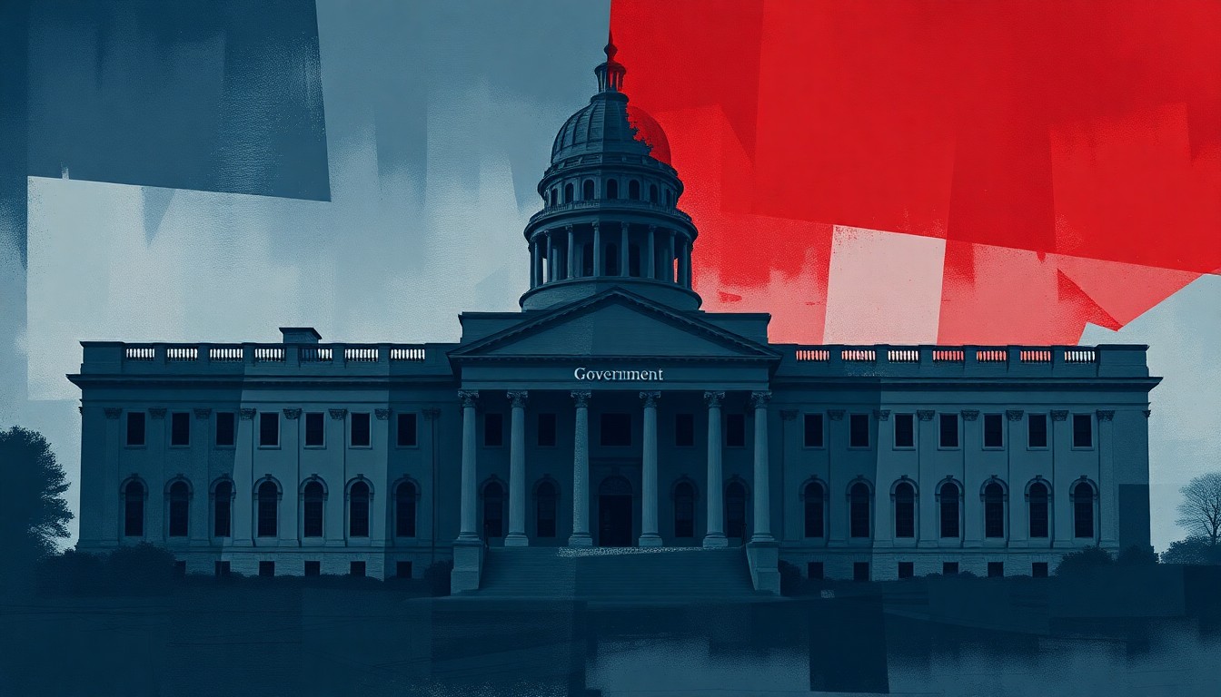 A dynamic, fragmented painting in shades of navy, gray, and red, depicting a government building or political symbol in an abstract, overlapping style that conveys a sense of political turmoil and uncertainty.
