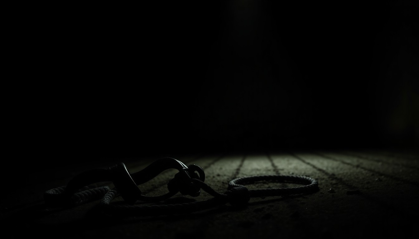 An extreme close-up photograph of a horse's halter and lead rope lying on the ground of a dimly lit barn, the harsh flash creating a stark, gritty, investigative aesthetic.