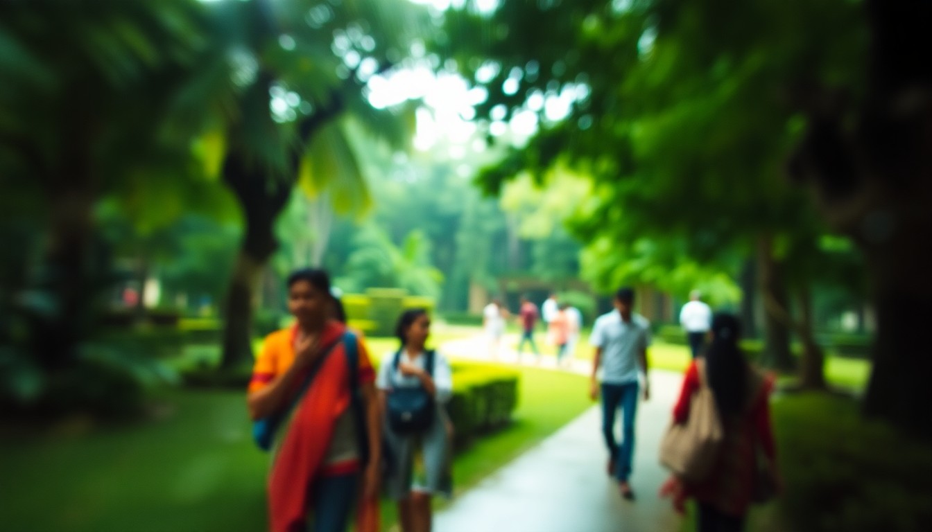 An impressionistic, out-of-focus photograph showing the silhouettes of students walking through a verdant, hazy campus setting, conveying the sense of an international educational experience unfolding in a vibrant Indian city.