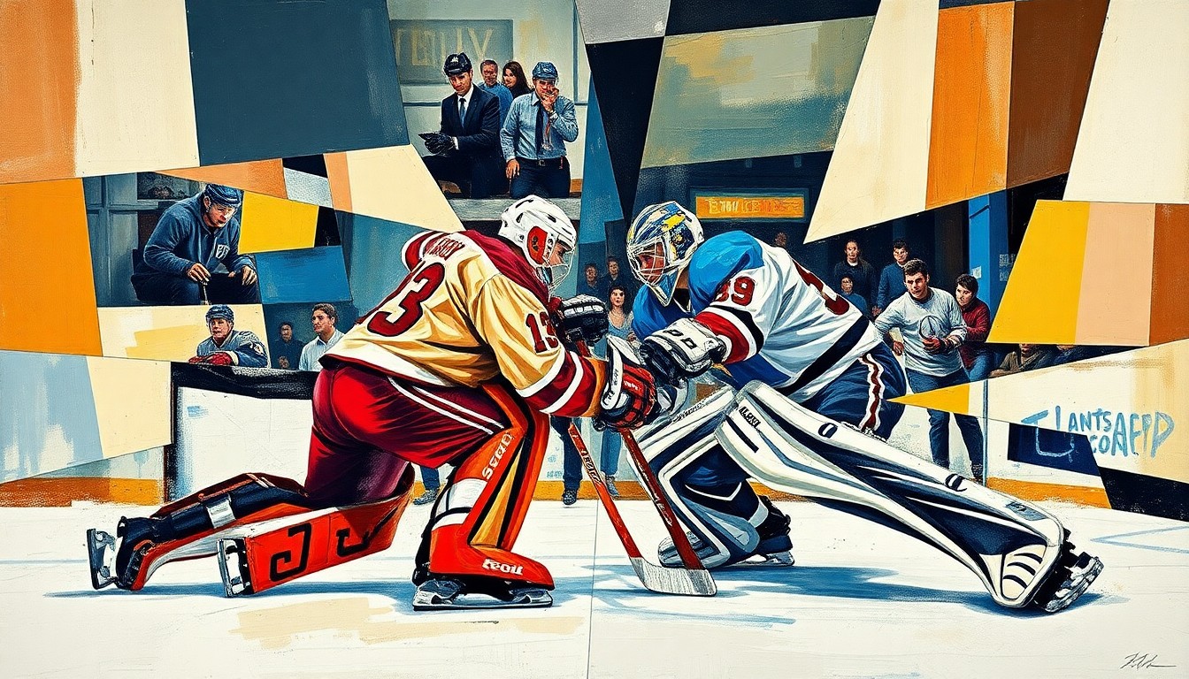 A cubist, geometric painting depicting the physical altercation between two hockey goalies, with their figures fractured and abstracted into sharp, overlapping planes of color and form.