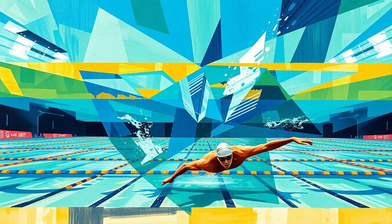 A fractured, multi-perspective painting featuring abstract, geometric shapes and planes in a vibrant color palette of blues, greens, and golds, conceptually representing the energy and movement of a swimming competition.