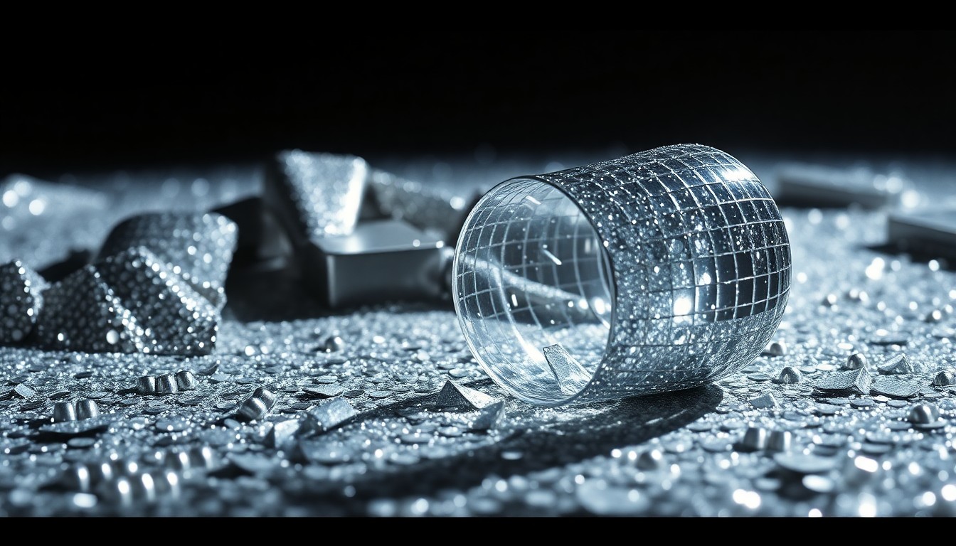 An abstract close-up photograph of shimmering sequins and shattered glass, conveying the glamour and tragedy of the JFK Jr. and Carolyn Bessette story.