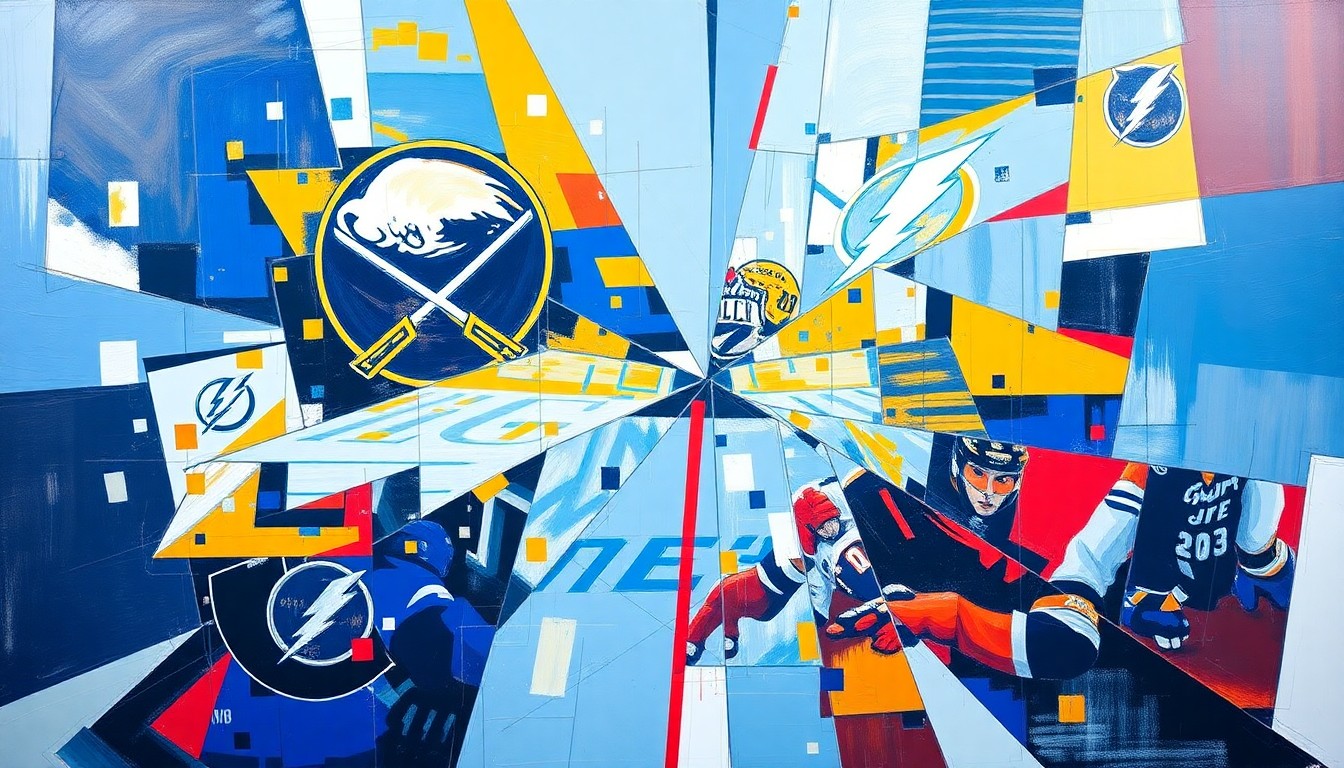 A fragmented, geometric painting depicting a hockey game, with sharp planes of blue, gold, and red capturing the intensity of the division clash between the Buffalo Sabres and Tampa Bay Lightning.