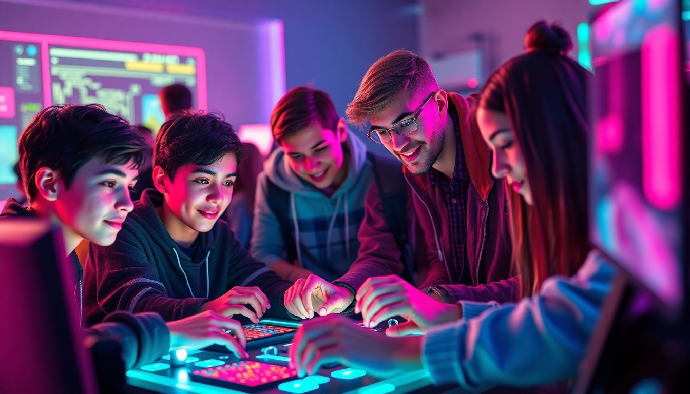 A vibrant 3D illustration depicting a group of diverse teenagers collaborating on glowing, futuristic digital hardware and software interfaces, conveying the energy, creativity, and sense of possibility of the Jewel City Hack Night event.