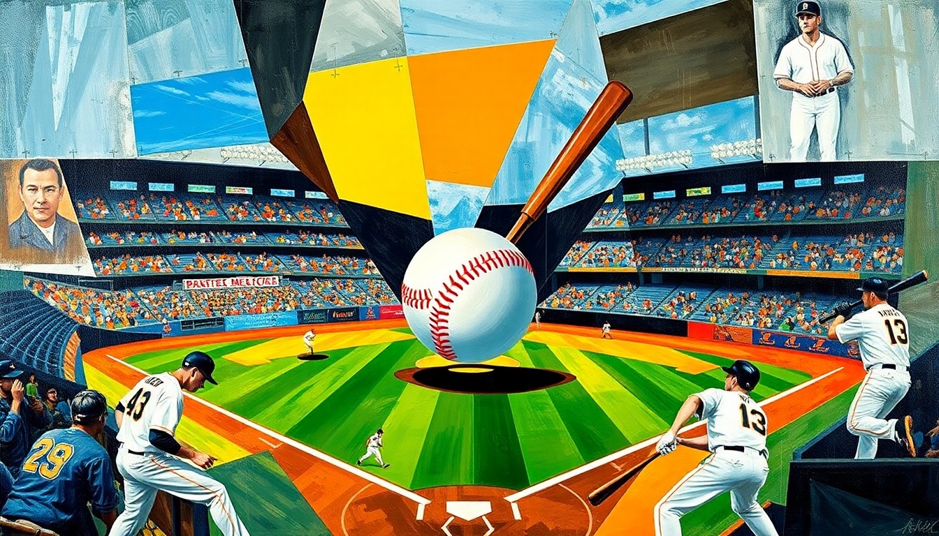 A dynamic, cubist-style painting depicting a baseball game in progress, with the players and field abstracted into sharp, overlapping geometric shapes and planes. The ball and bats are the central focal points, conveying the energy and movement of the sport.