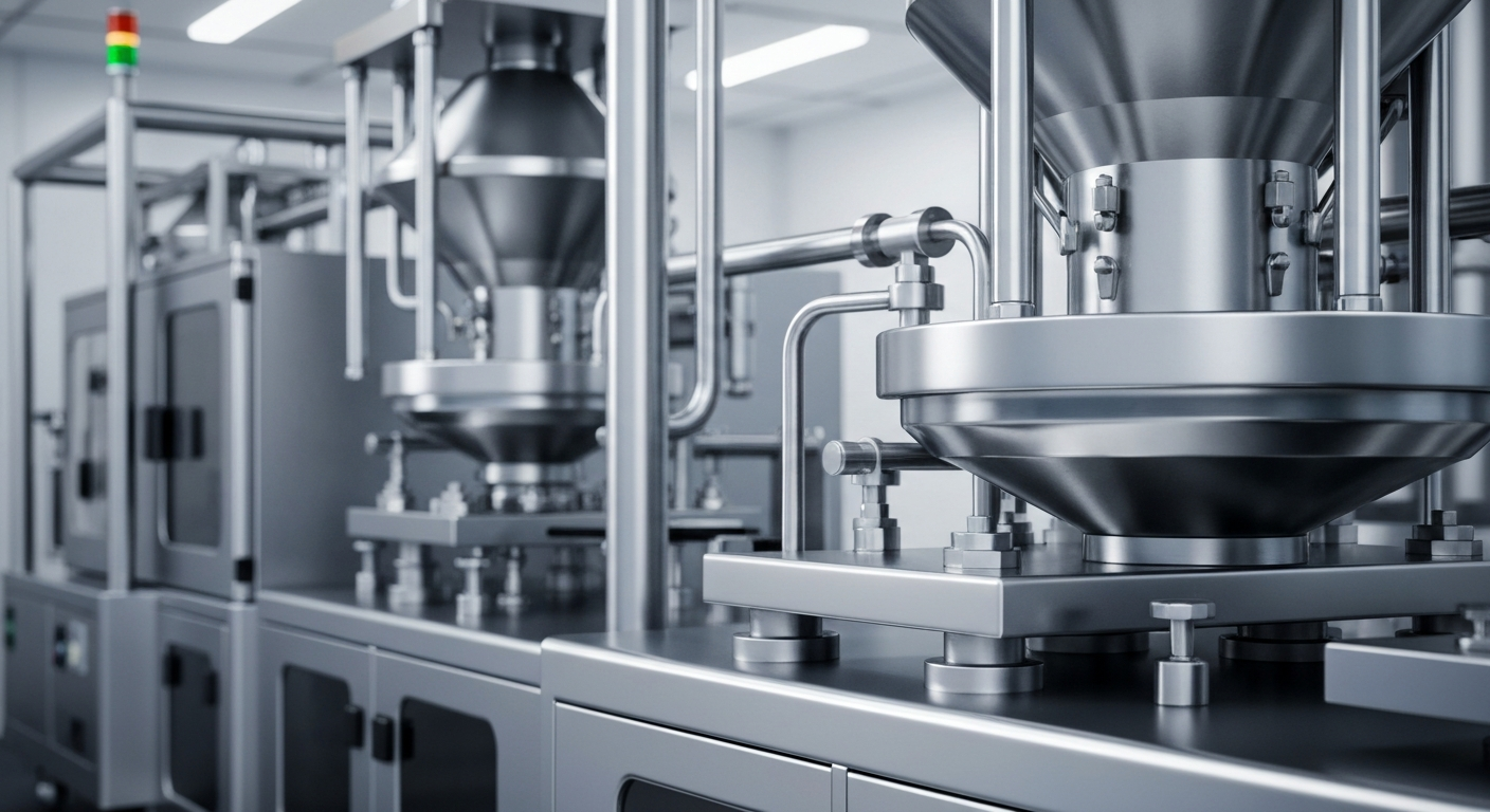An extreme close-up of intricate pharmaceutical manufacturing machinery, conveying the complex and technical nature of the biotech industry.