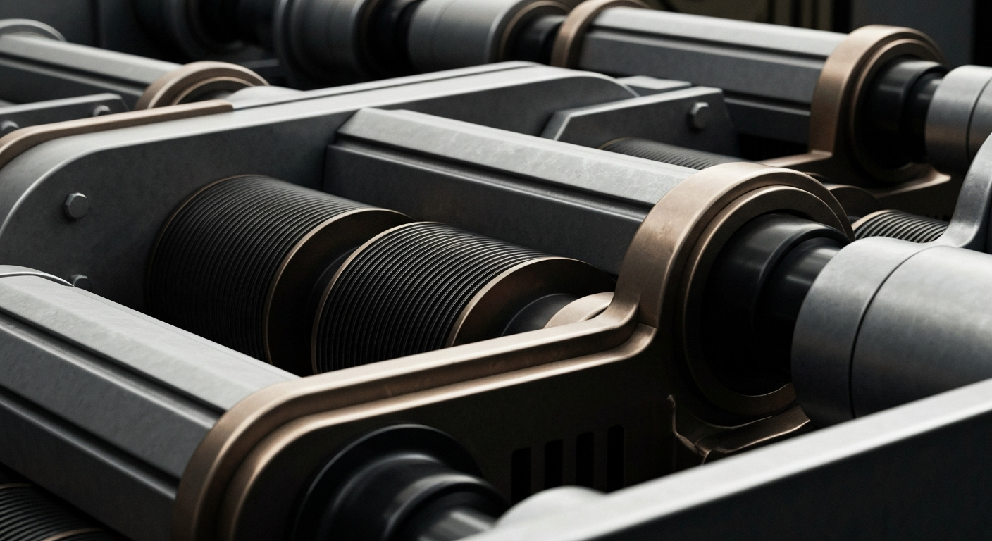 An extreme close-up of various metal gears, levers, and mechanisms, conveying the heavy, industrial nature of banking infrastructure without using literal currency or financial symbols.
