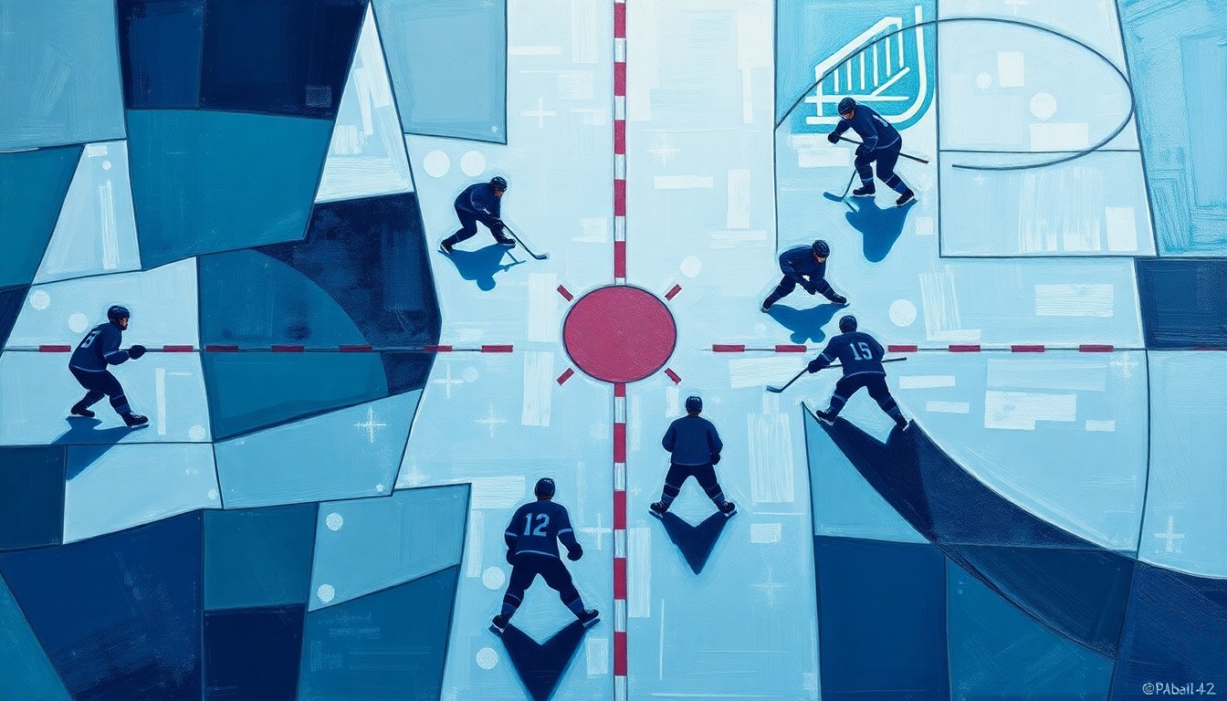 A fragmented, geometric painting depicting the movements and collisions of hockey players on the ice, with sharp planes of navy, teal, and silver representing the players, sticks, and the rink itself.