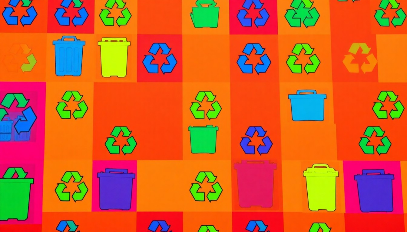 A vibrant, high-contrast silkscreen print featuring a repeated image of a recycling bin icon in a grid pattern, using a neon color palette and heavy black outlines to create a modern pop art style that captures the essence of Logan County's recycling program.