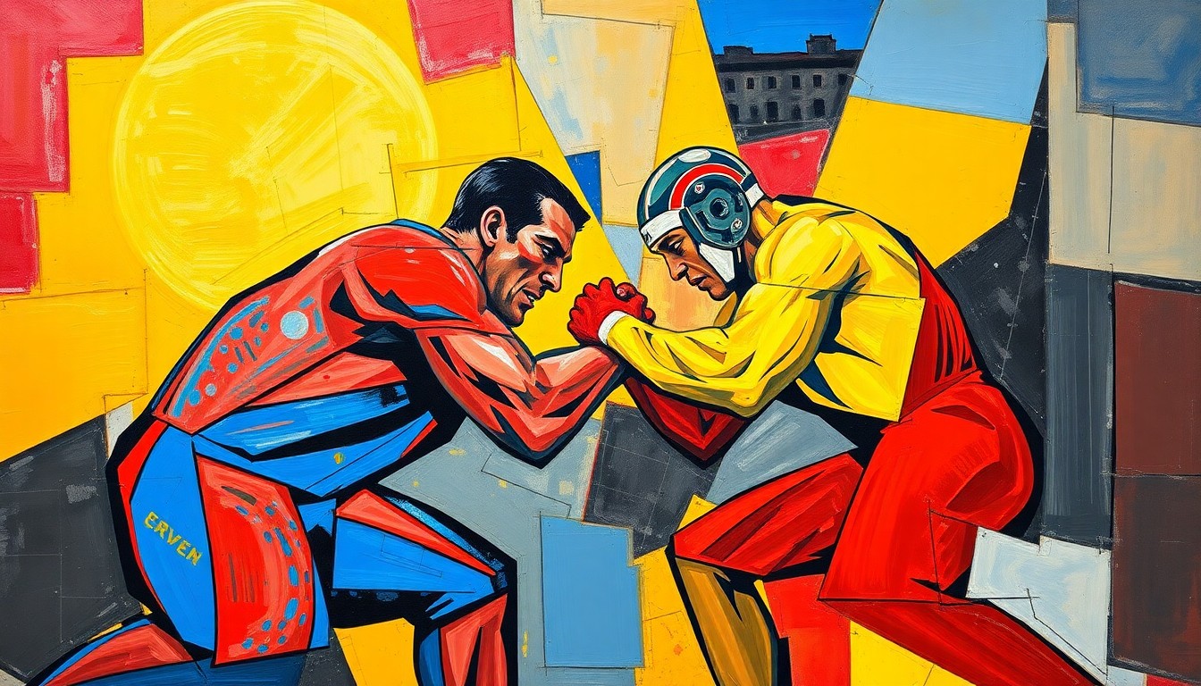 A fragmented, geometric painting depicting a wrestling match or competition, with sharp, overlapping planes of color and movement, conveying the dynamic nature of Arman Tsarukyan's athletic abilities.