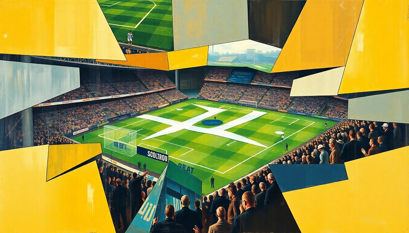 A cubist, geometric painting depicting a Scottish football match, with players and the field broken down into sharp, overlapping planes of color, capturing the dynamic and multifaceted nature of the modern game.