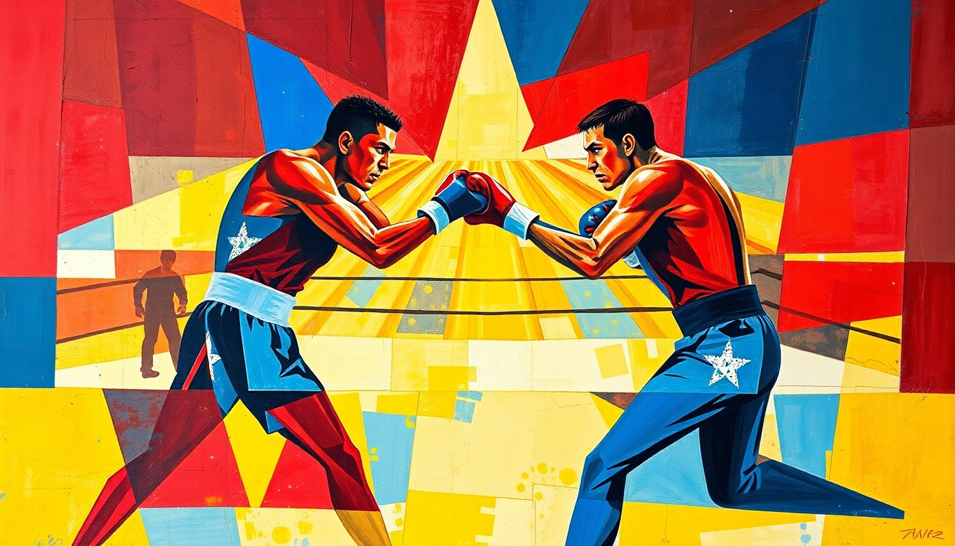 A fragmented, geometric painting depicting the action and energy of a boxing match, with sharp, overlapping planes of color and form.