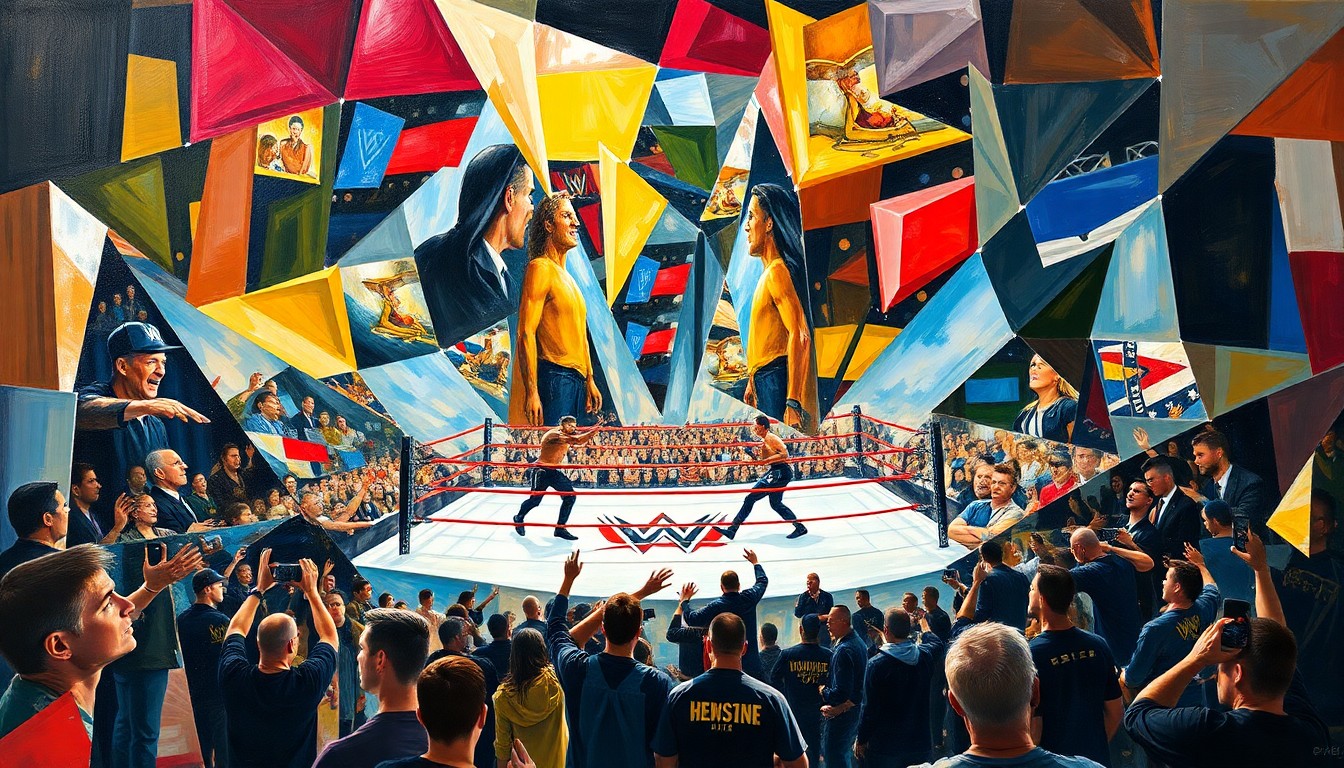 A cubist, geometric painting depicting a fragmented, multi-angled view of a WWE wrestling match or WrestleMania event, with sharp, overlapping planes of color and form capturing the raw energy and drama of the sport.