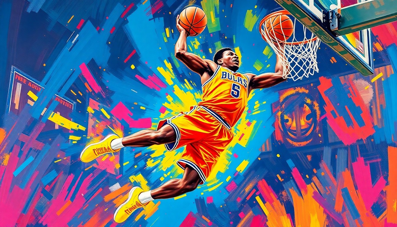 An abstract, energetic painting in neon colors depicting a basketball player mid-dunk, with dynamic brushstrokes conveying the raw power and athleticism of the moment.