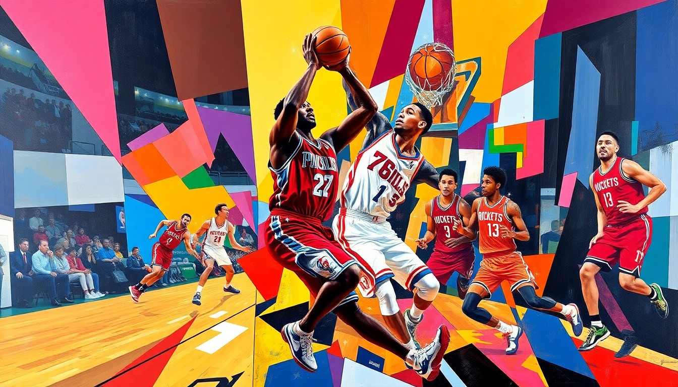 A fractured, multi-perspective painting depicting the energy and movements of a basketball player, with sharp geometric planes in the colors of the 76ers and Rockets uniforms, conceptually representing the strategic challenges faced by the Sixers without their star center Joel Embiid.
