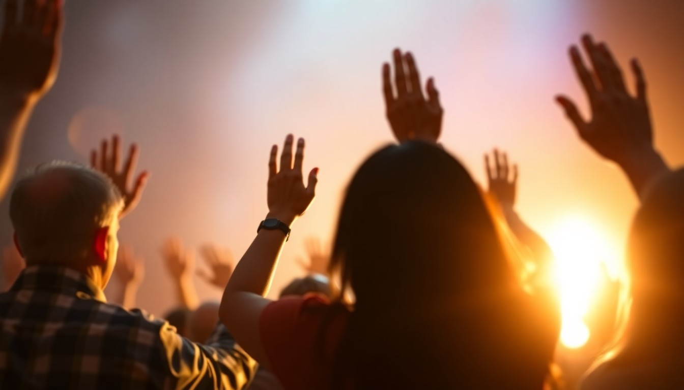 An abstract, out-of-focus photograph of hands raised during a naturalization ceremony, with soft, warm pools of light and color creating a celebratory atmosphere.