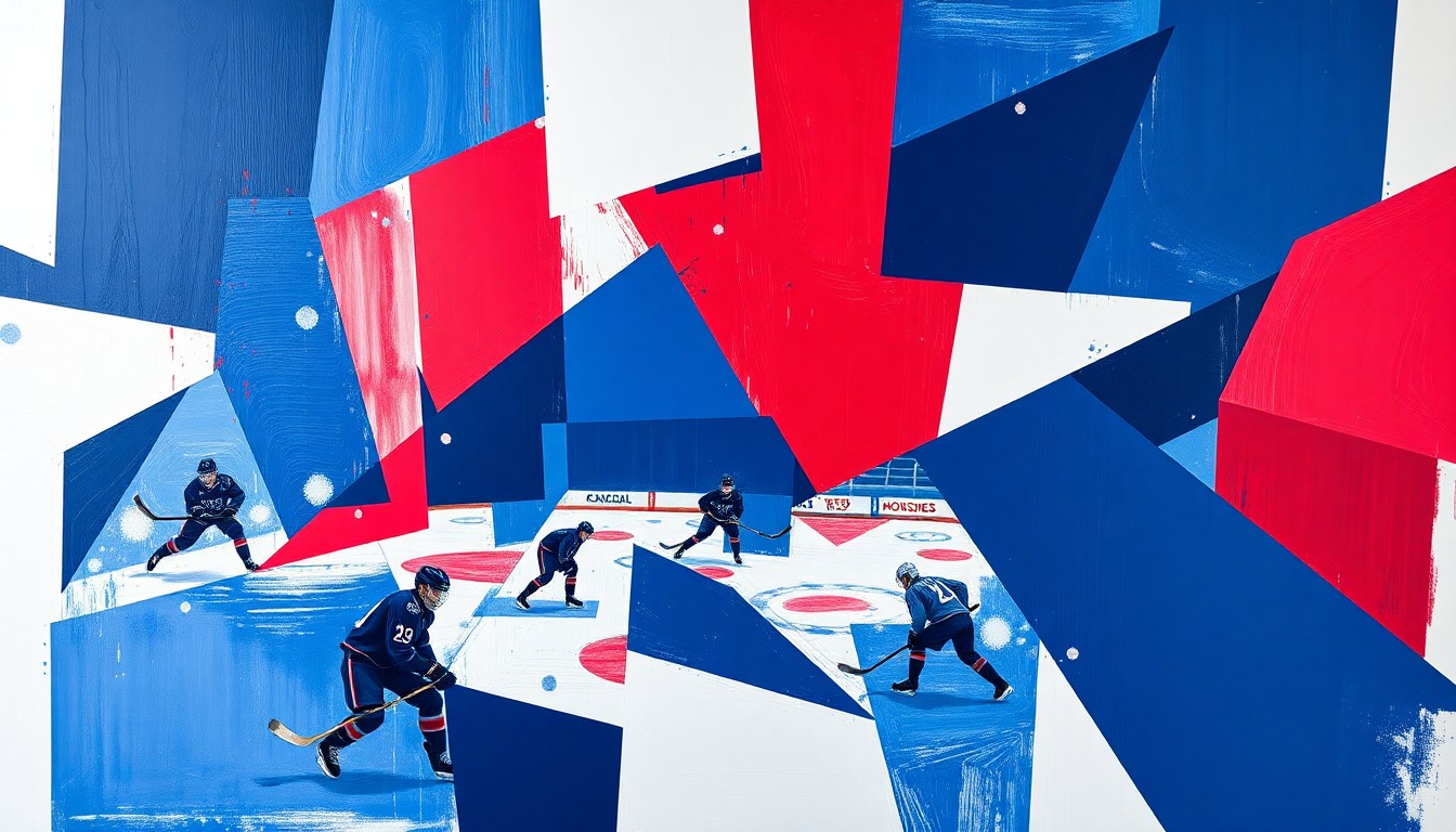 A cubist, geometric painting depicting a hockey game in motion, with players and the puck fragmented into overlapping planes of navy, red, and white, conveying the fast-paced, high-energy action of the sport.