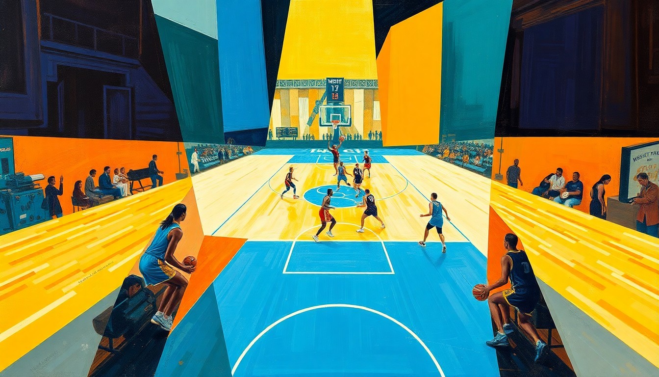 A cubist, geometric painting depicting a fragmented WNBA basketball game, with sharp, overlapping planes of color and form representing the dynamic nature of the sport.