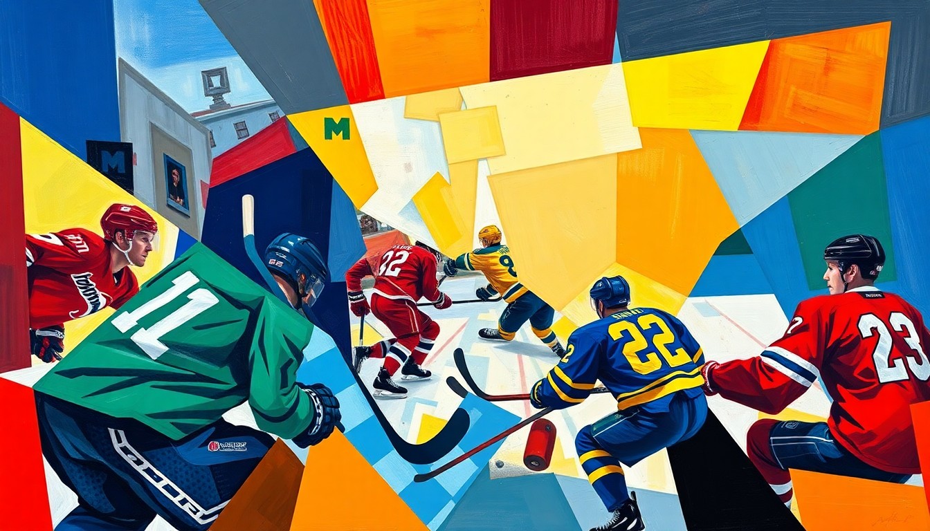A cubist, geometric painting depicting a hockey game broken down into sharp, overlapping planes of color, representing the high-stakes clash between the University of Denver and University of Michigan teams.