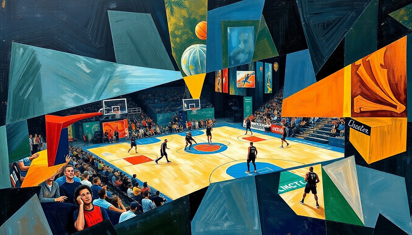 A cubist, geometric painting depicting a basketball game or match, with the players and court broken down into sharp, overlapping planes of color and shape, conveying the complex interplay of individual talent and team cohesion in the modern NBA.