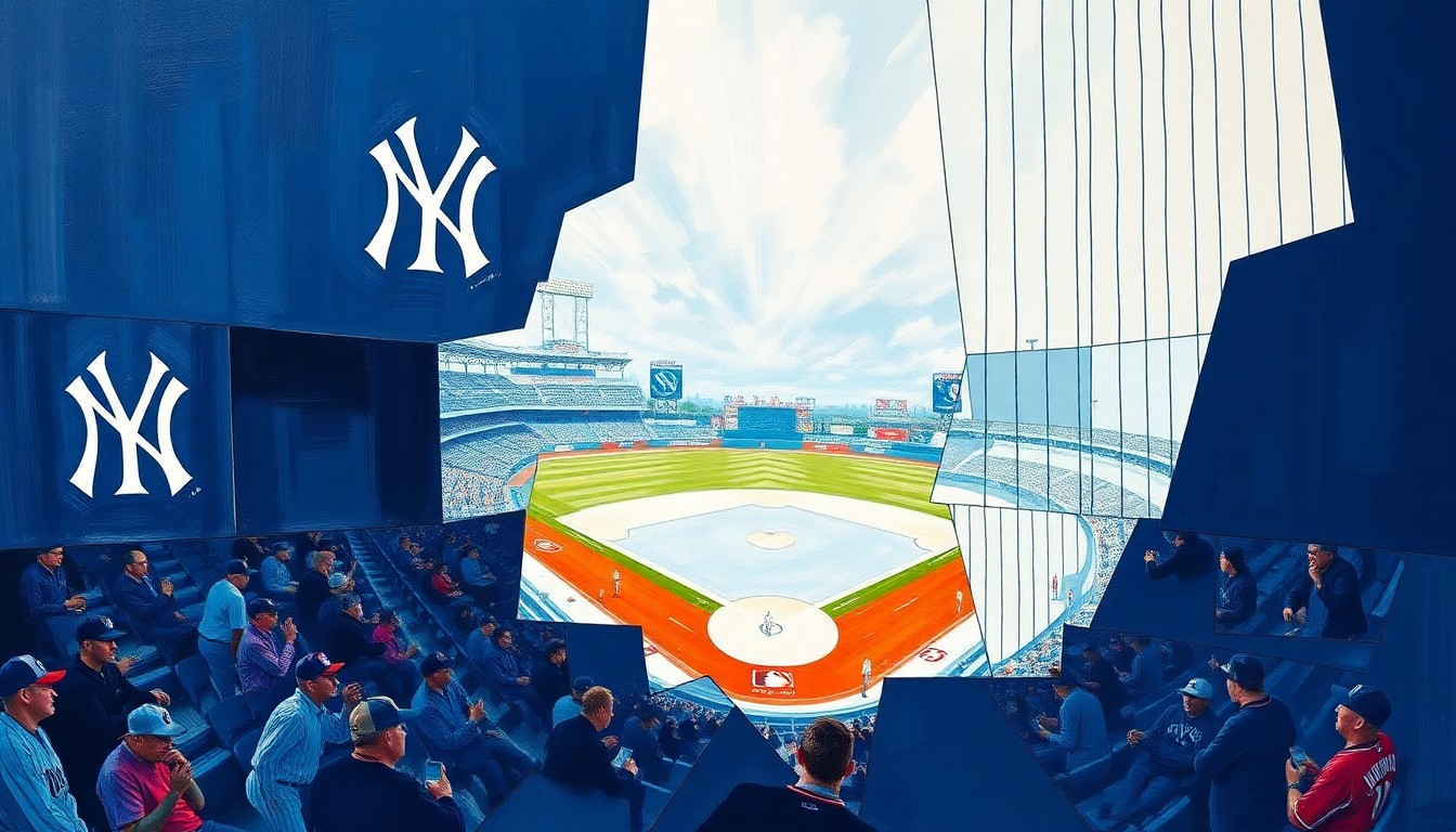 A cubist-style painting depicting a baseball game between the New York Yankees and Tampa Bay Rays, with the players and field broken down into sharp, overlapping geometric shapes in a vibrant color palette.