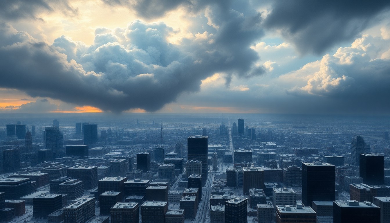 A sweeping, atmospheric landscape painting depicting a snow-covered cityscape of Boston under a dramatic, turbulent sky, with the city's buildings and infrastructure dwarfed by the overwhelming natural elements.
