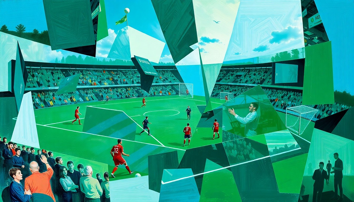 A cubist, geometric painting depicting a fragmented, multi-perspective scene of a Celtic football match or training session, with sharp, overlapping planes of color and form representing the intensity and focus of the game.