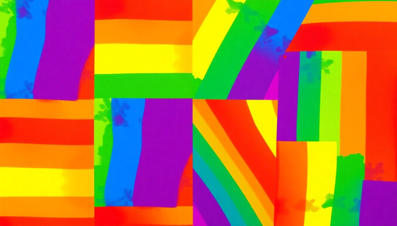 A bold, abstract silkscreen print featuring the iconic rainbow colors of the Pride flag repeated in a tight grid pattern, capturing the vibrant energy and cultural significance of this powerful symbol.