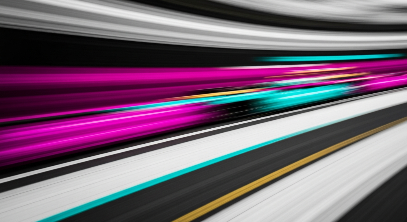 An abstract, colorful blur of motion representing the speed and energy of Formula 1 racing, conceptually illustrating the leadership changes at Aston Martin.