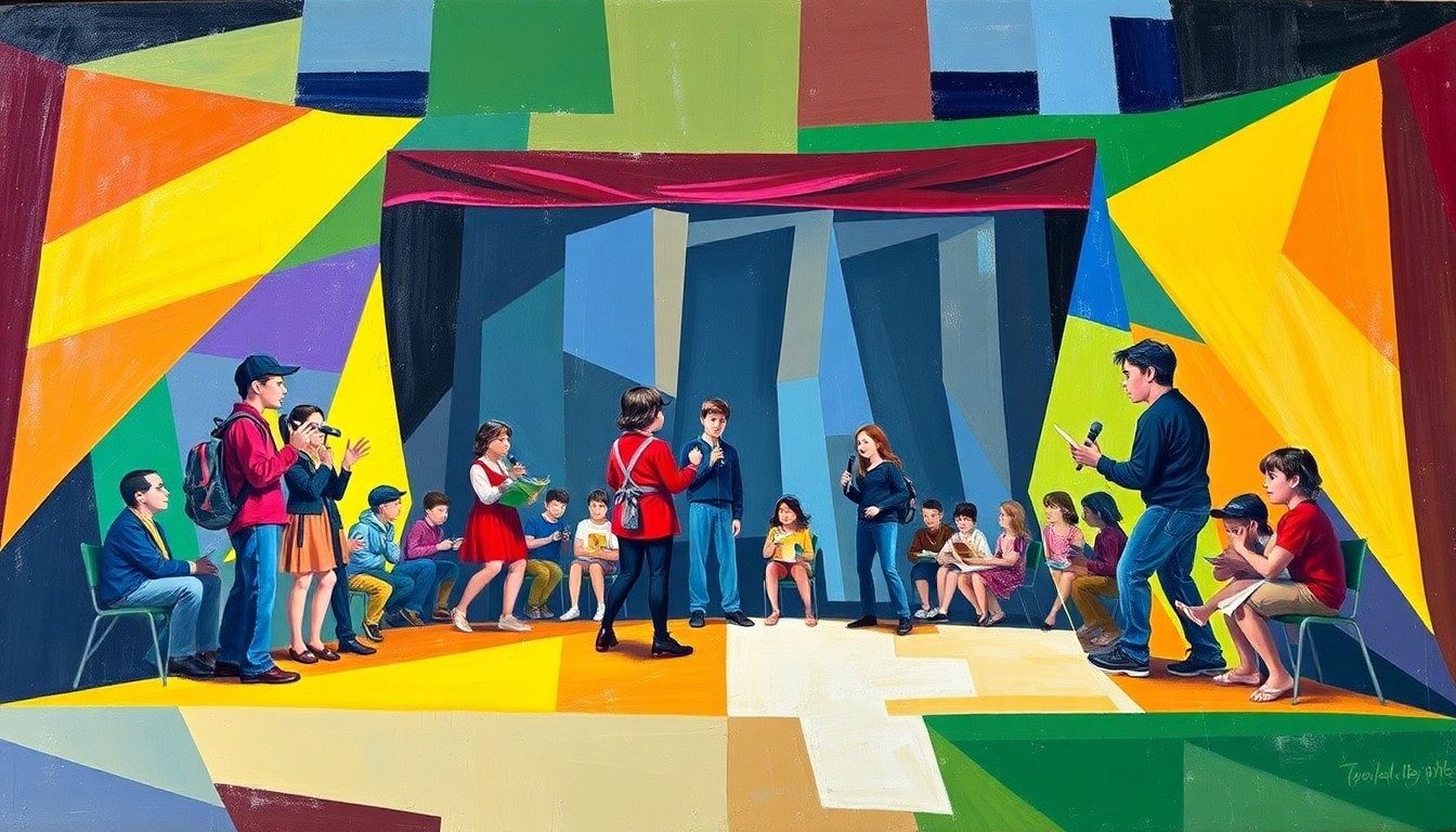 A fragmented, cubist-style painting depicting a high school speech team competition, with overlapping geometric shapes and planes in a vibrant color palette, conveying the energy and determination of the winning team.