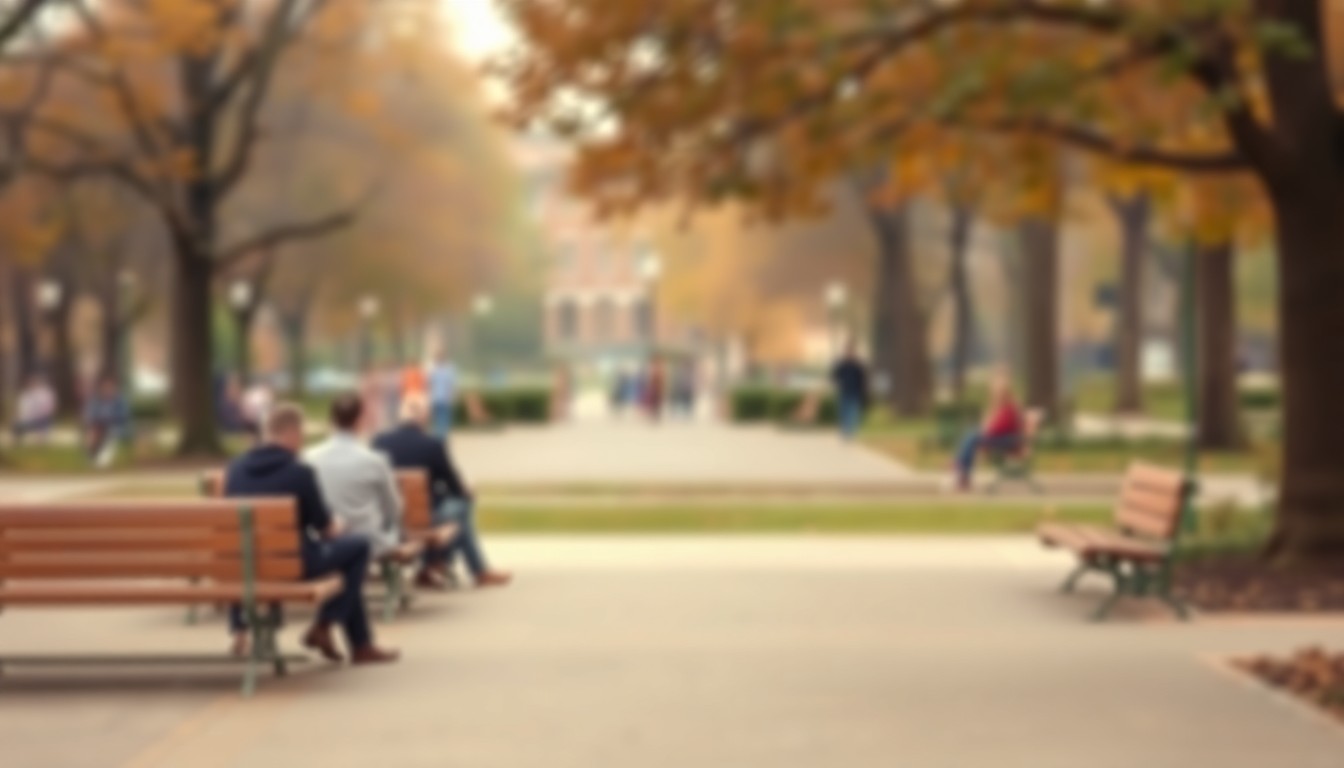 A softly focused, atmospheric photograph in warm, muted tones depicting a group of people sitting on benches in a public park, with the background slightly obscured in a hazy, dreamlike quality, conceptually representing the compassionate approach to homelessness in Florence.