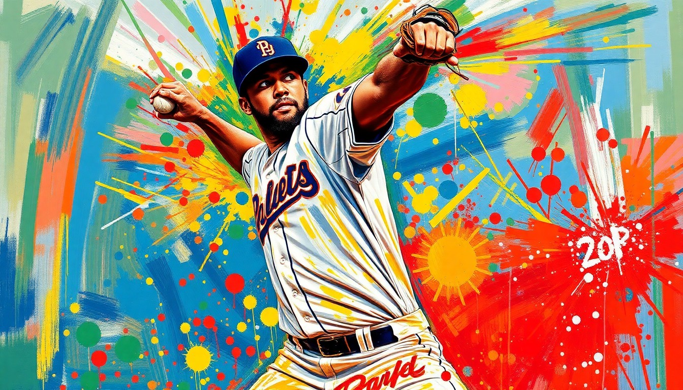 An extreme close-up of Brayan Bello's pitching motion, captured in a vibrant, expressionist style with rapid brushstrokes and neon colors, conveying the raw energy and intensity of his dominant spring training performances.