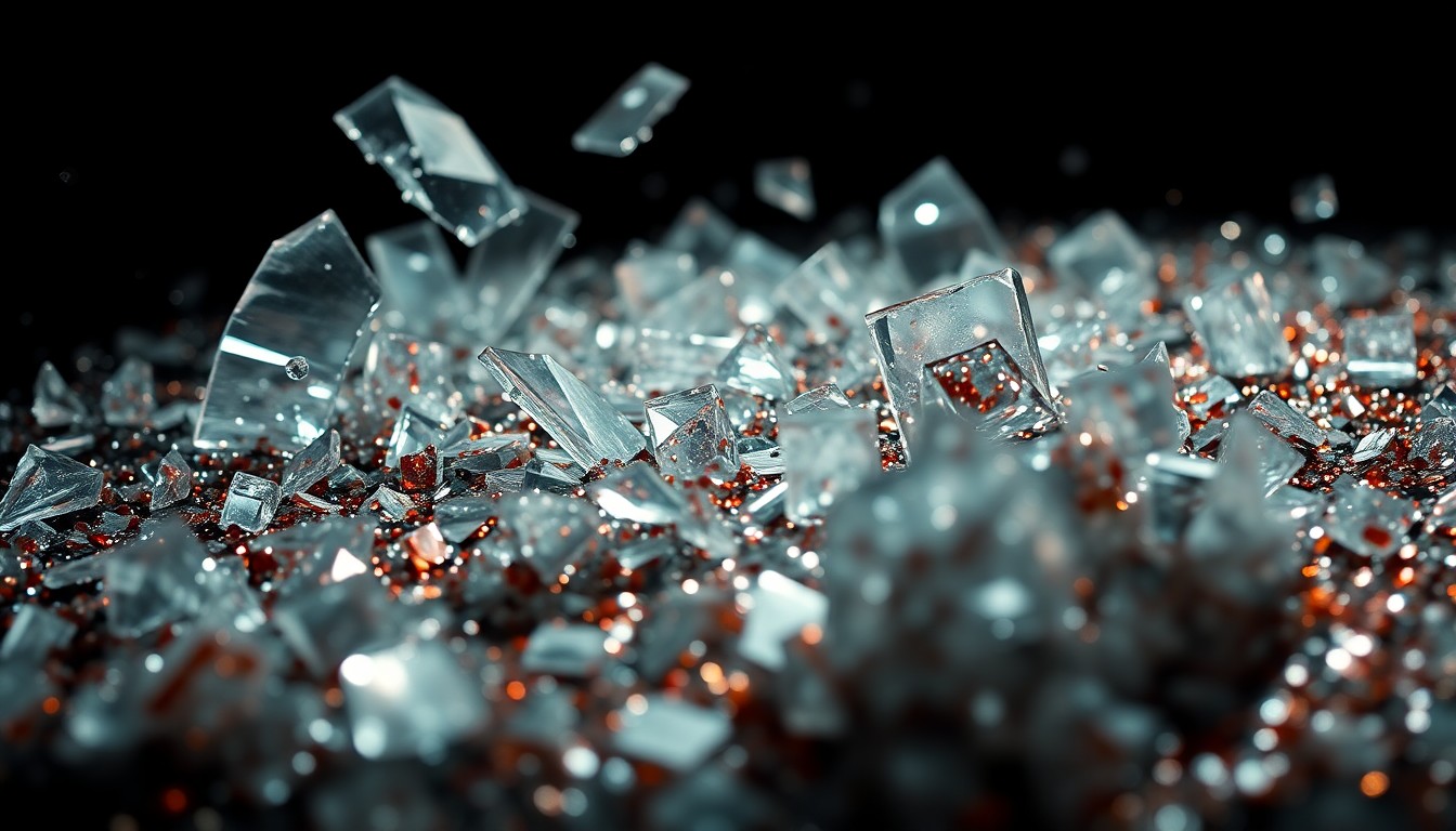 An abstract, high-contrast close-up image of shattered glass and glittering sequins, conveying the hidden financial mysteries and glamour of the art industry.