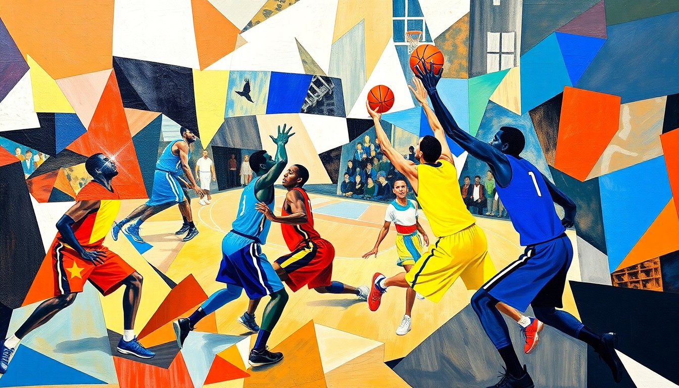 A cubist-style painting depicting a basketball game, with the players' forms broken down into geometric shapes and planes of vibrant colors, capturing the dynamic energy of the sport.