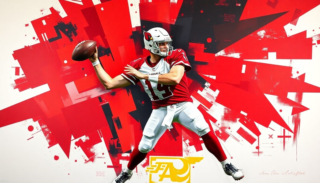 A cubist-style painting depicting a football quarterback's throwing motion broken down into overlapping geometric shapes and planes, using the vibrant colors of the Arizona Cardinals' team palette.