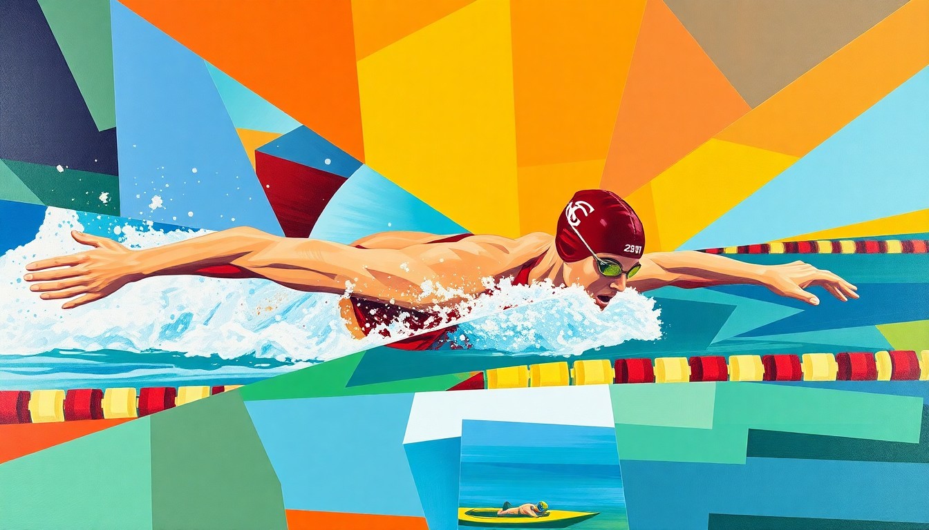 A cubist, geometric painting depicting the 500 freestyle swimming event, with overlapping planes of color representing the movement and energy of the race.