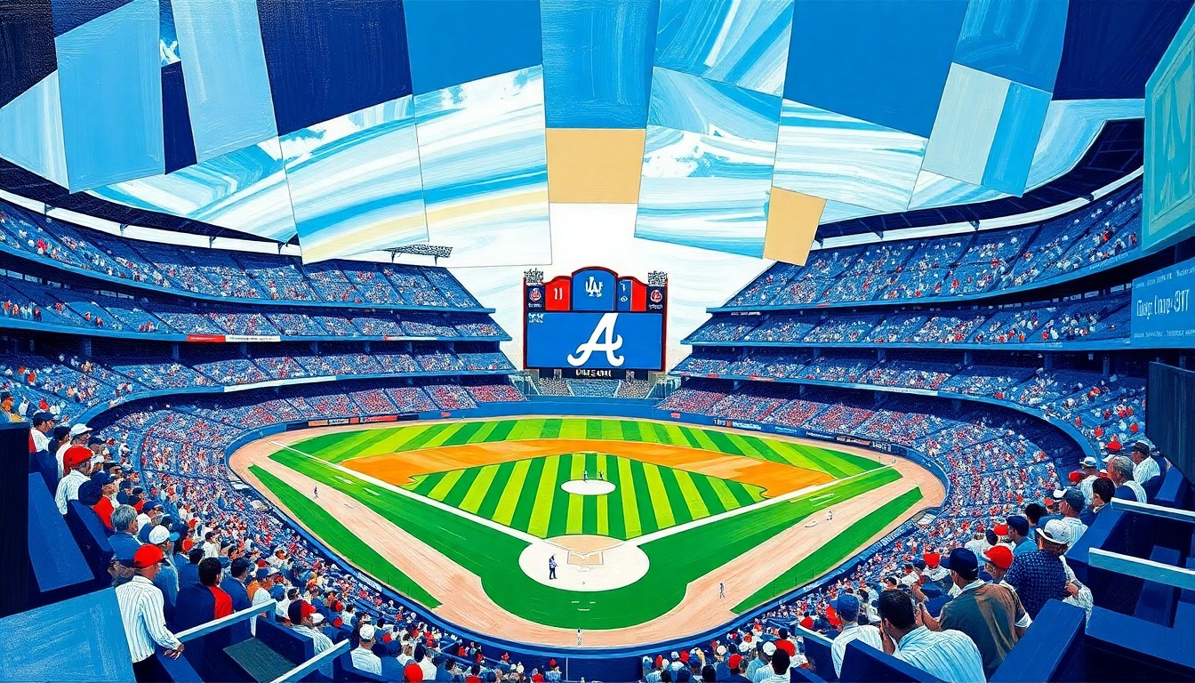 A cubist, geometric painting depicting a baseball game in progress, with sharp, overlapping planes of Dodger Blue and White colors representing the team's official colors.