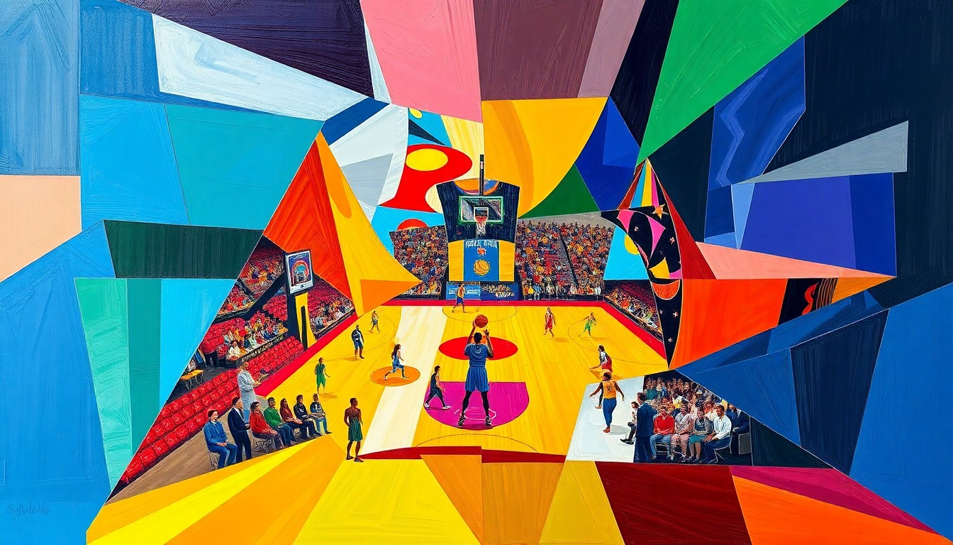 A cubist, geometric painting depicting a fractured, multi-perspective view of a WNBA basketball game, with sharp, overlapping planes of color representing the dynamic action on the court.