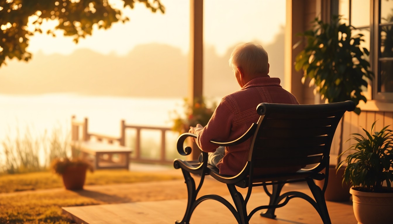 An extremely abstracted, out-of-focus photograph in warm, hazy tones depicting a peaceful, nature-inspired retirement scene, conveying a sense of tranquility and comfort.
