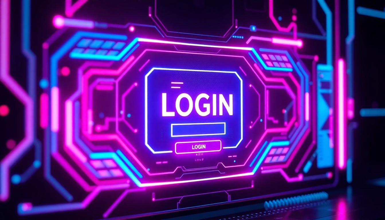 A highly detailed, 3D rendered illustration of a futuristic computer login interface, with various digital elements and components illuminated by vibrant neon cyan and magenta lights, creating a visually striking and conceptual representation of the technological advancements behind the simple act of logging in.