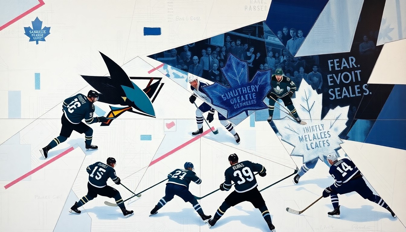 A fractured, multi-perspective painting in vibrant teal, black, white, blue, and red hues, capturing the energy and movement of a hockey game between the San Jose Sharks and Toronto Maple Leafs through sharp, overlapping geometric planes.