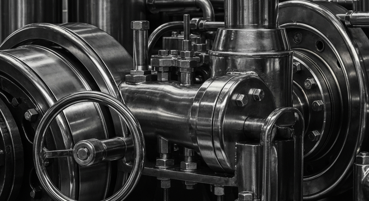 An extreme close-up of gleaming, heavy-duty industrial machinery and equipment, conveying the tangible, physical nature of the finance and energy sectors without using literal currency, charts, or graphs.