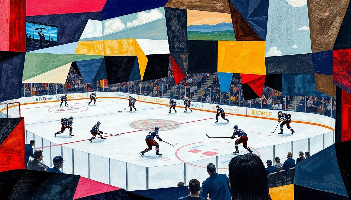 A cubist, geometric painting depicting a hockey game, with players and the rink broken down into abstract shapes and colors, conveying the intensity and dynamism of the sport.