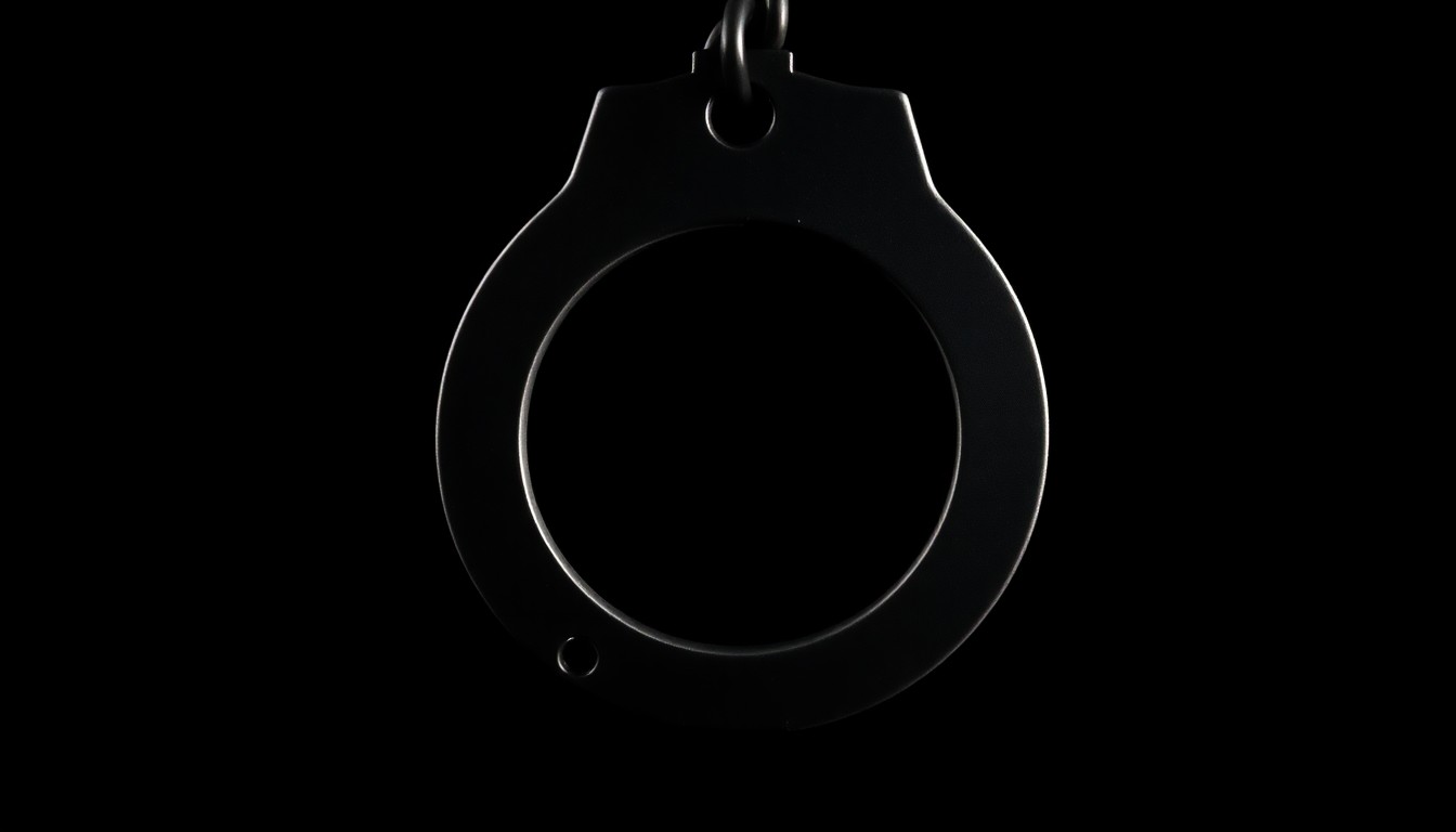 An extreme close-up photograph of a police badge or handcuff, the metallic surface reflecting a harsh, direct flash of light against a pitch-black background, conceptually illustrating the high-stakes confrontation between law enforcement and a barricaded suspect.
