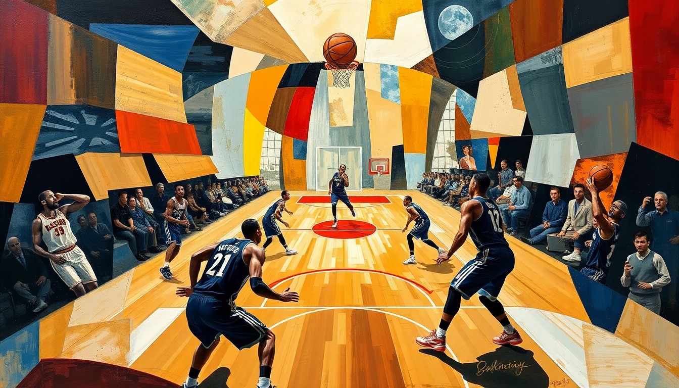 A cubist, geometric painting depicting the energy and movement of a basketball game, with the players' forms broken down into abstract shapes and planes.