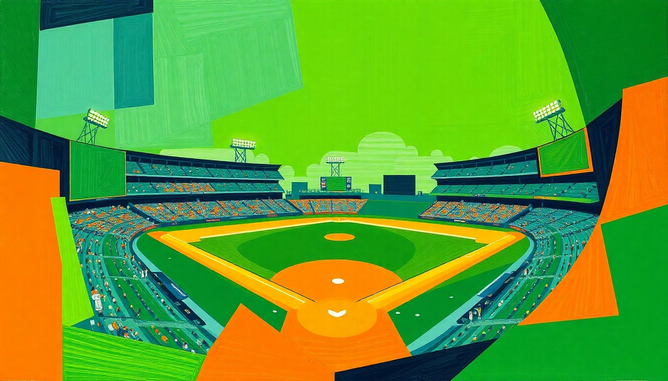 A cubist, geometric painting depicting a baseball game broken down into overlapping planes of bright green, navy blue, and orange, conveying the dynamic energy and tension of the late-inning rally.