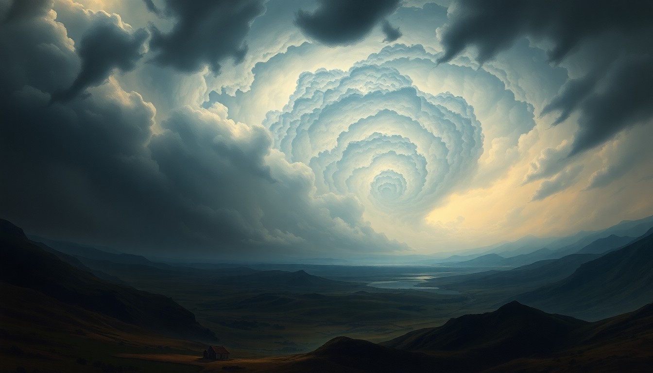 A vast, atmospheric landscape painting depicting a massive hurricane system dominating the horizon, with the storm's scale and intensity dwarfing any physical structures or objects in the scene.