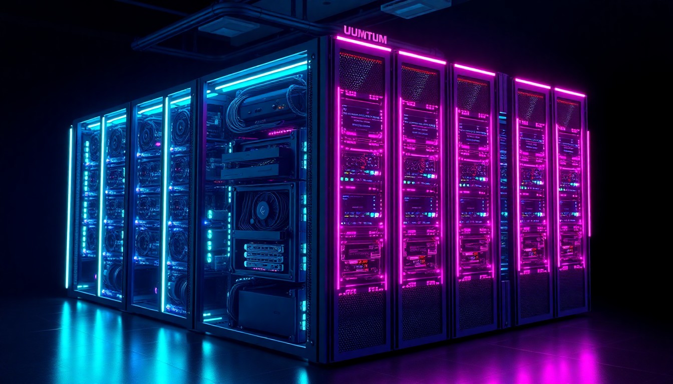 A highly detailed 3D illustration of a glowing, futuristic quantum computing server rack, with neon cyan and magenta lights illuminating the intricate hardware components, set against a dark, moody backdrop to symbolize the cutting-edge nature of quantum technology.